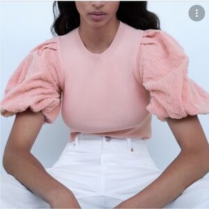Zara Pink Puff Tulle Sleeve Knit Top L